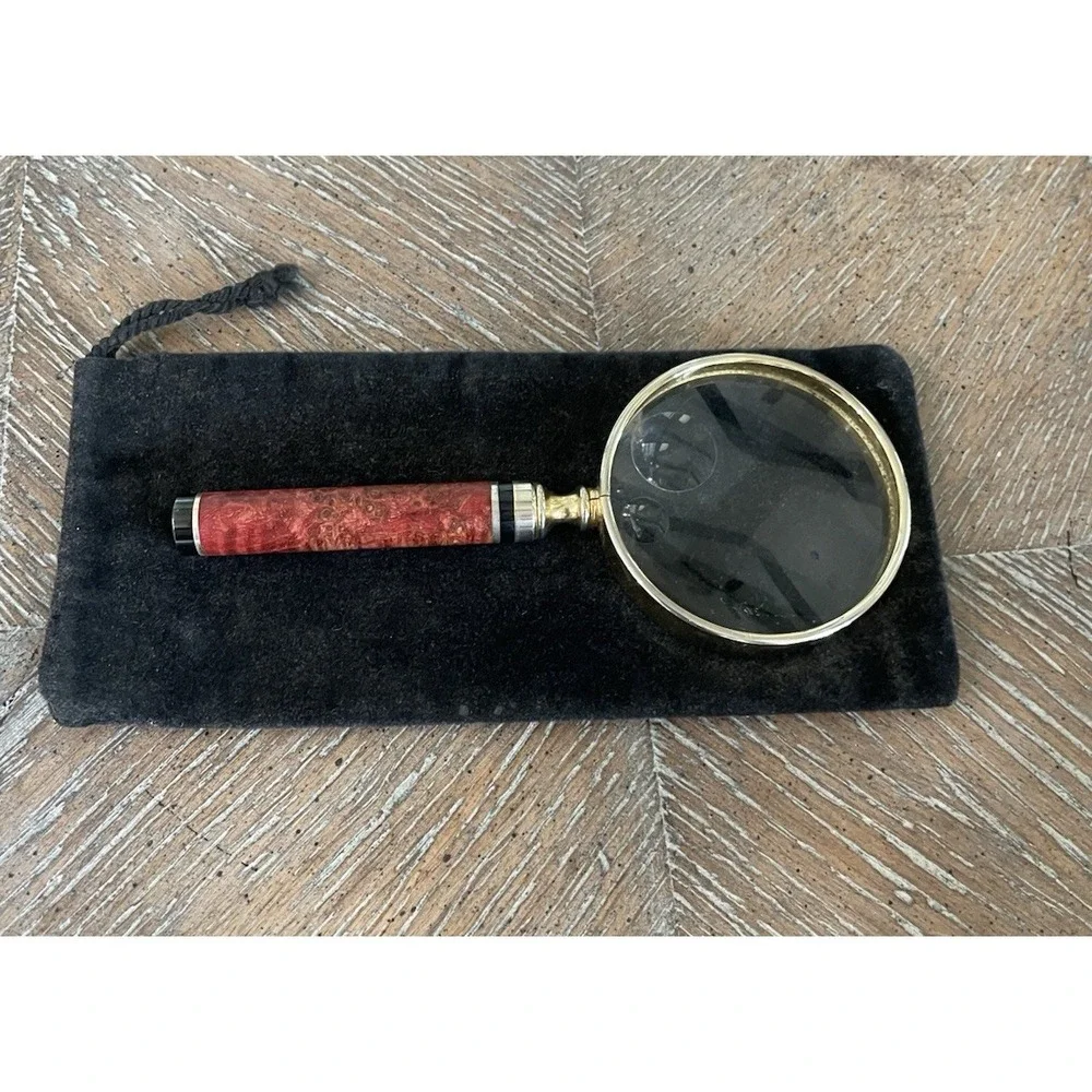Vintage Travel Triple Magnifying Glass Brass Burled Handle 5.75